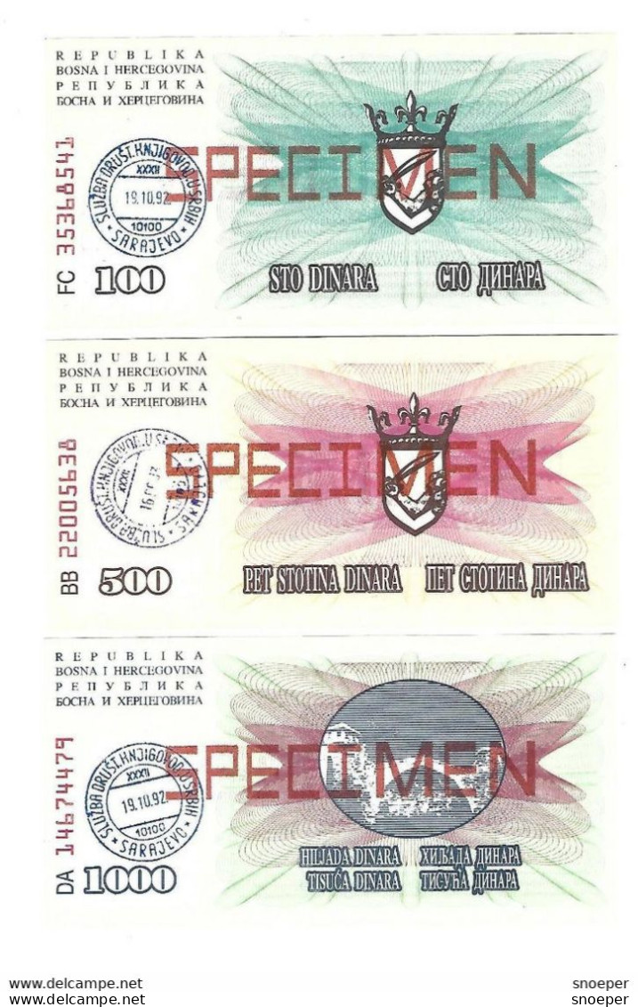 *bosnia- Herzegovina  Sarajevo  Serie Specimen From 10  Until 1000 Dinara 1992  Unc - Bosnia And Herzegovina