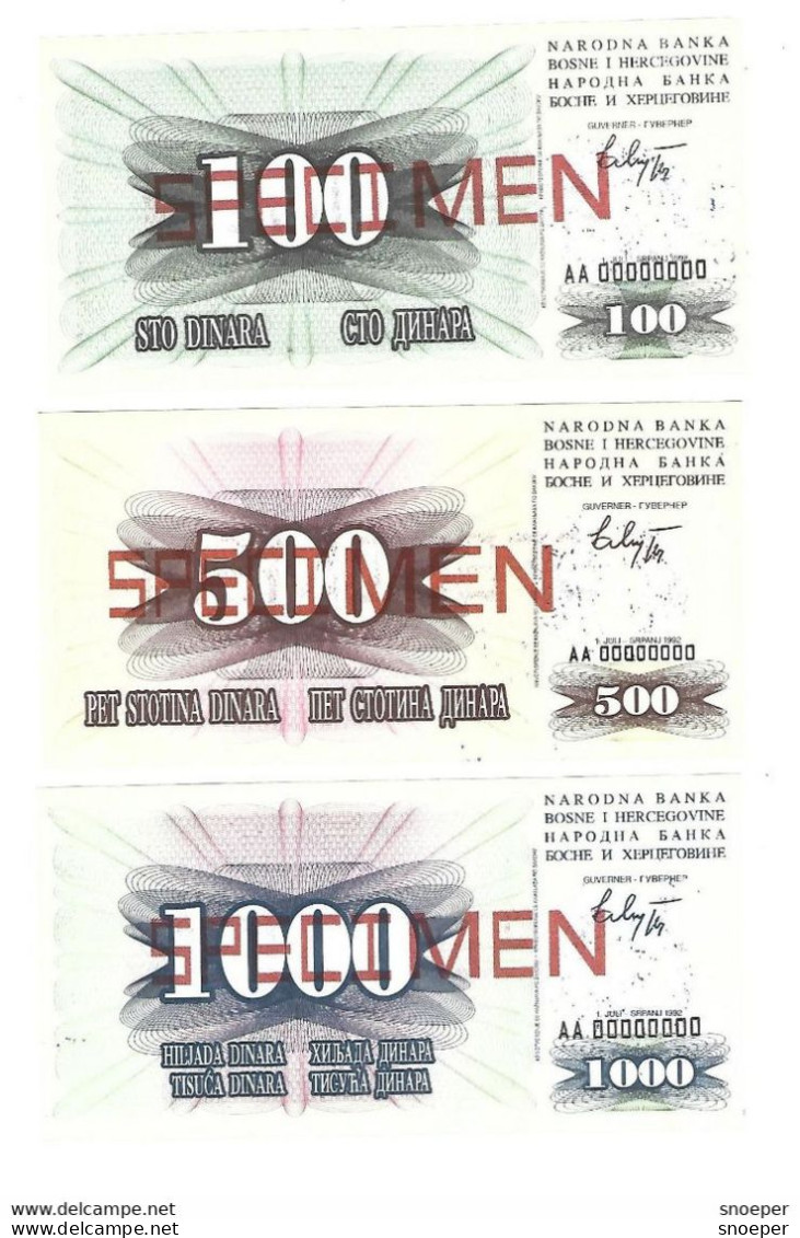 *bosnia- Herzegovina  Sarajevo  Serie Specimen From 10  Until 1000 Dinara 1992  Unc - Bosnien-Herzegowina