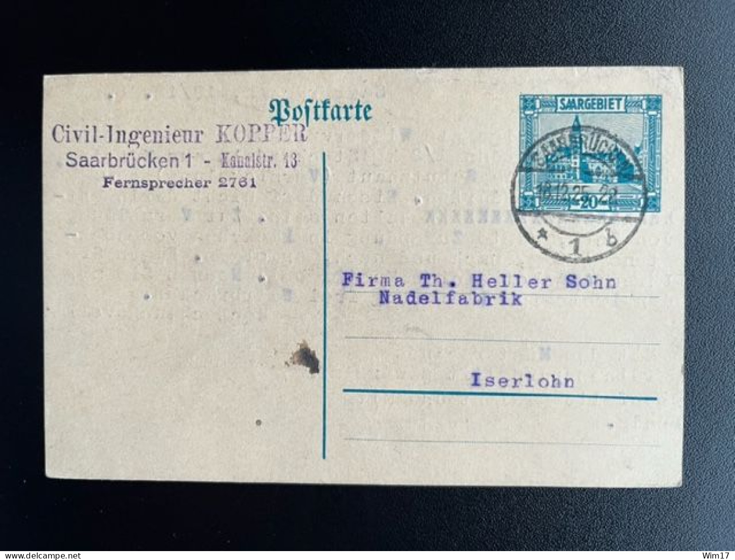 GERMANY SAAR SAARLAND SARRE 1925 POSTCARD SAARBRUCKEN TO ISERLOHN 18-12-1925 DUITSLAND DEUTSCHLAND - Interi Postali