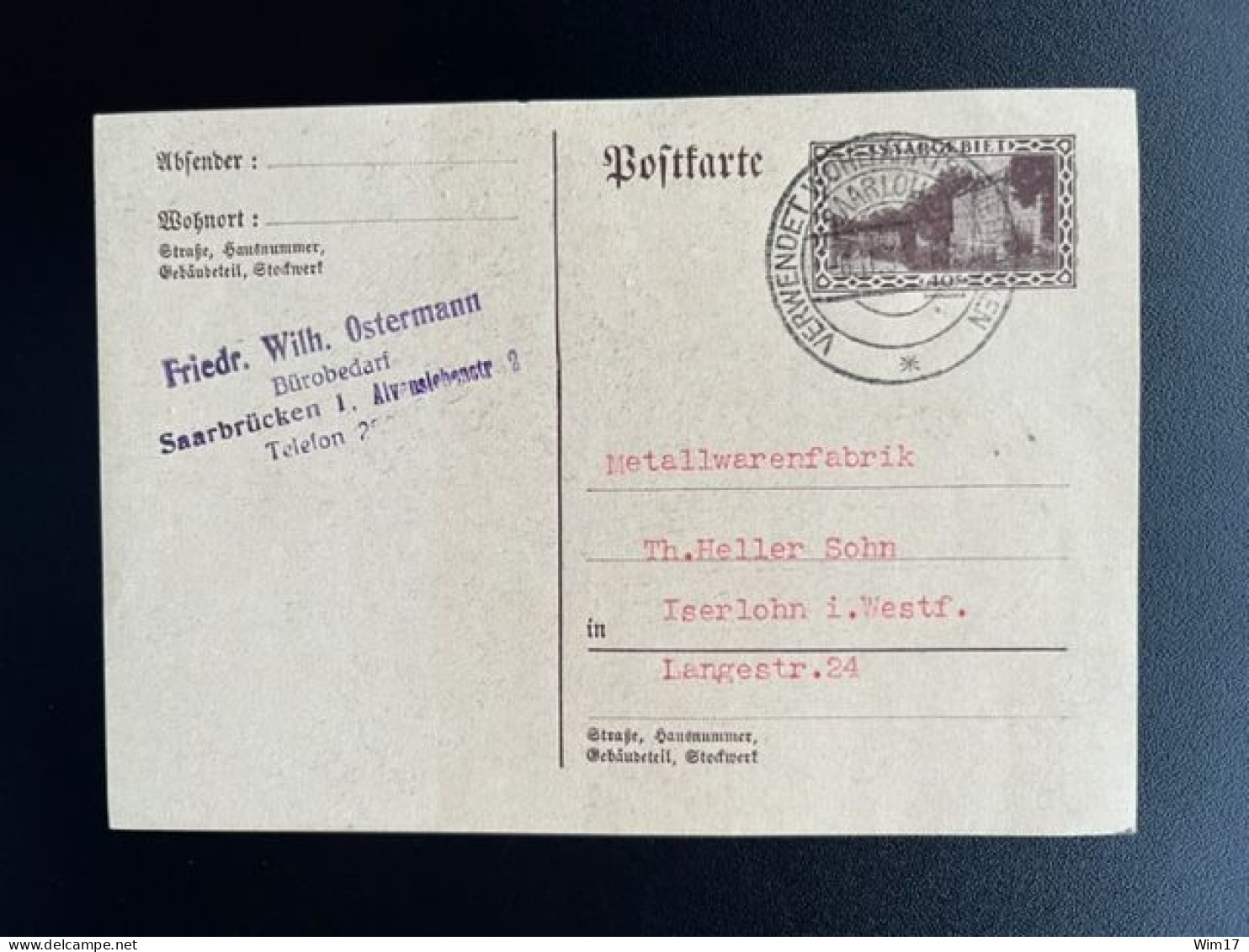 GERMANY SAAR SAARLAND SARRE 1934 POSTCARD SAARLOUIS TO ISERLOHN 06-11-1934 DUITSLAND DEUTSCHLAND - Postal Stationery