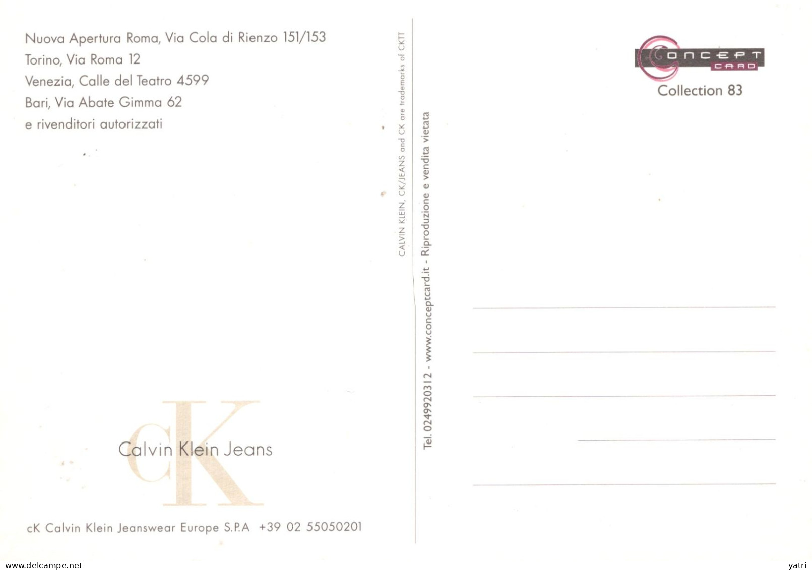 Cartolina Pubblicitaria CALVIN KLEIN Roma - Conceptcard N. 83 - Mode