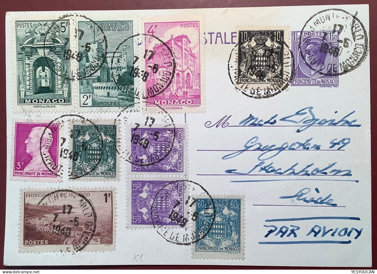 Monaco Entier Postal Carte Postale 1f50 Violet Louis II Cad 1948>Sweden, Storch K1 (postal Stationery - Postal Stationery