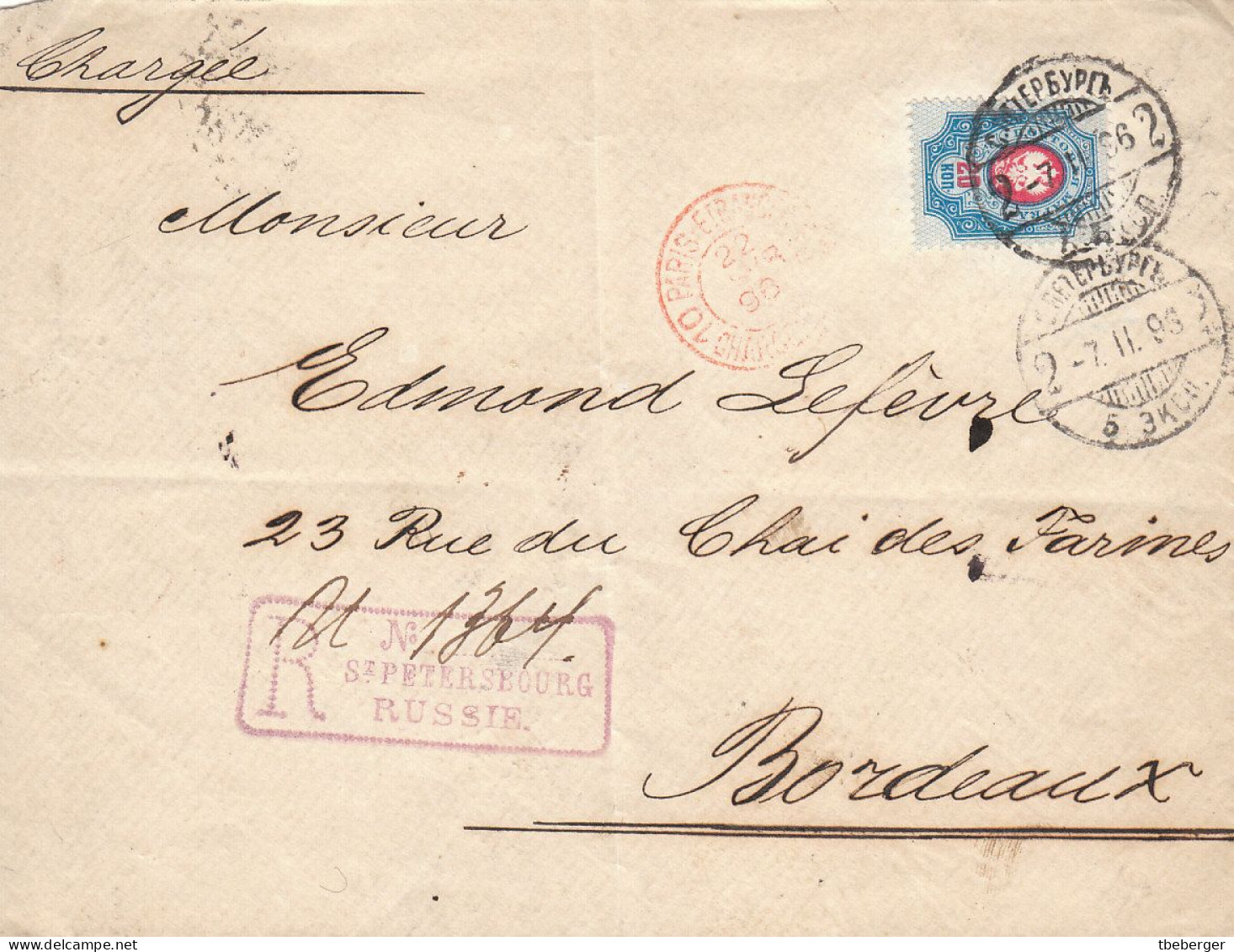 Russia 1896 Registered Cover St. Petersburg -> Paris Etranger In Red -> Bordeaux 20 Kop (x67) - Lettres & Documents