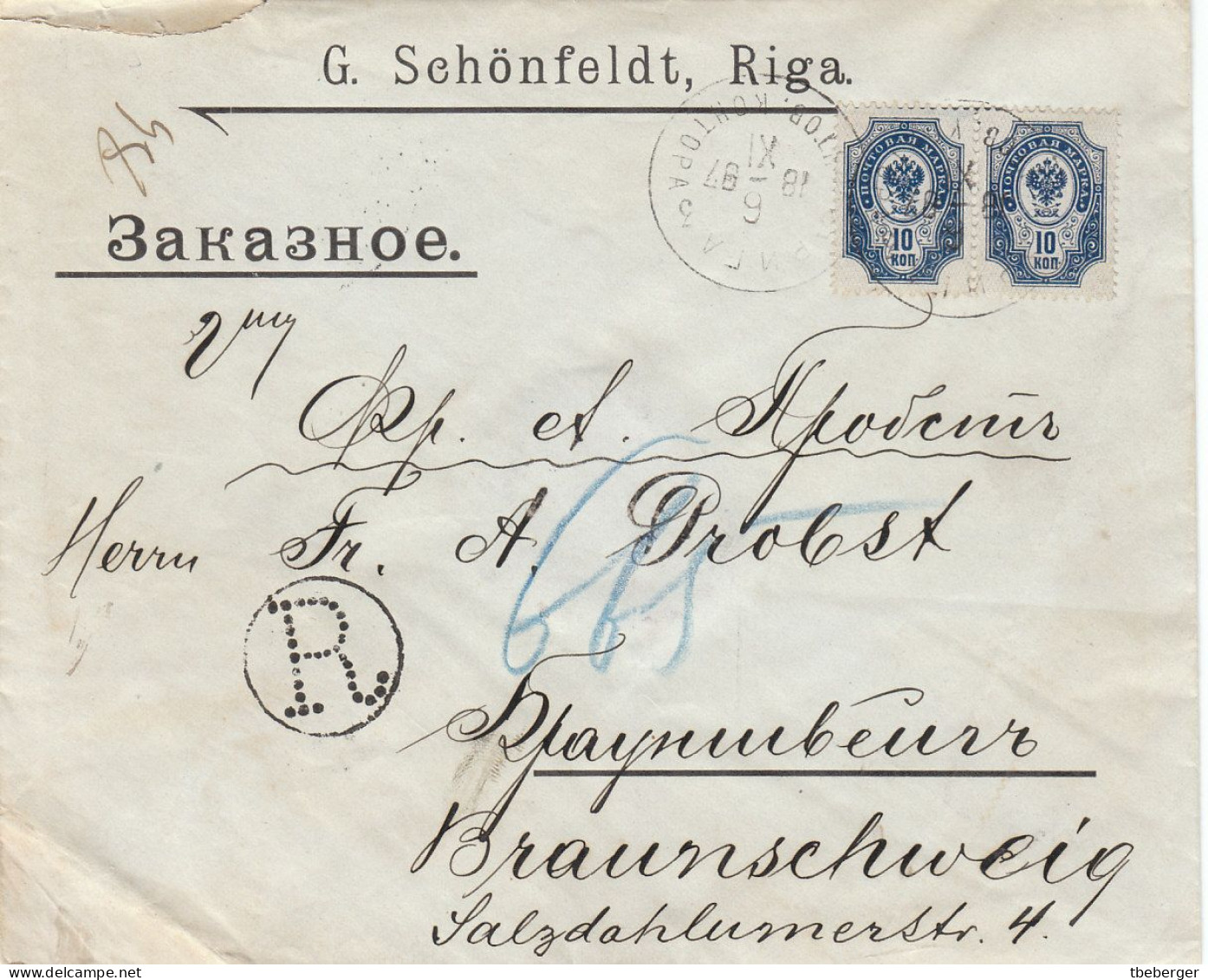 Russia 1897 Registered Cover Riga -> Braunschweig Germany 20 Kop (x68) - Lettres & Documents