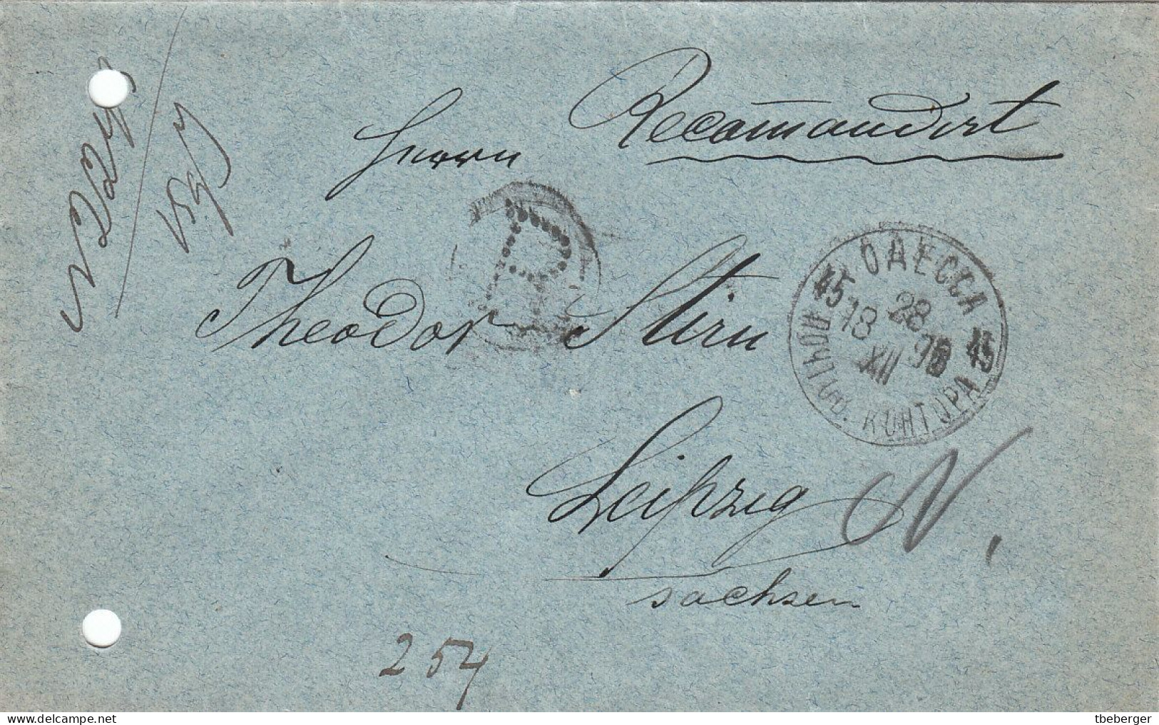 Russia 1899 Registered Cover Odessa -> Leipzig Germany 20 Kop, No Provisional Usage Of 1899 Label, Office Punched (x69) - Briefe U. Dokumente
