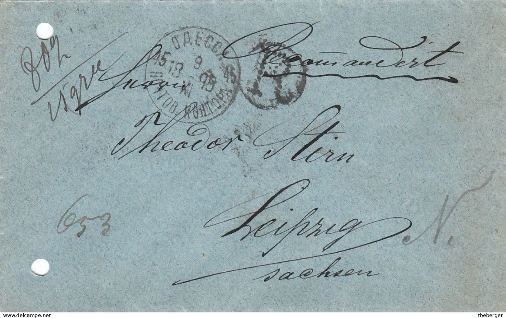 Russia 1899 Registered Cover Odessa -> Leipzig Germany 20 Kop, No Provisional Usage Of 1899 Label, Office Punched (x70) - Cartas & Documentos