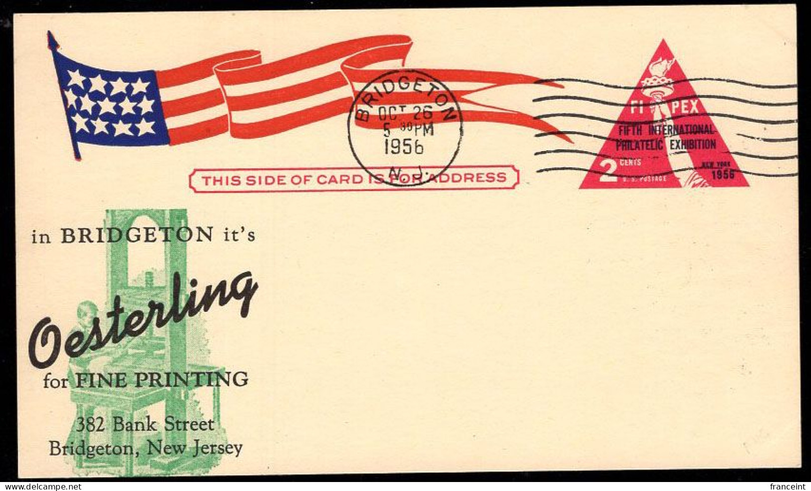 U.S.A.(1956) Printing Press. Two Cent Postal Card With Illustrated Ad For Oesterling Printing, Bridgeton, New Jersey. - 1941-60