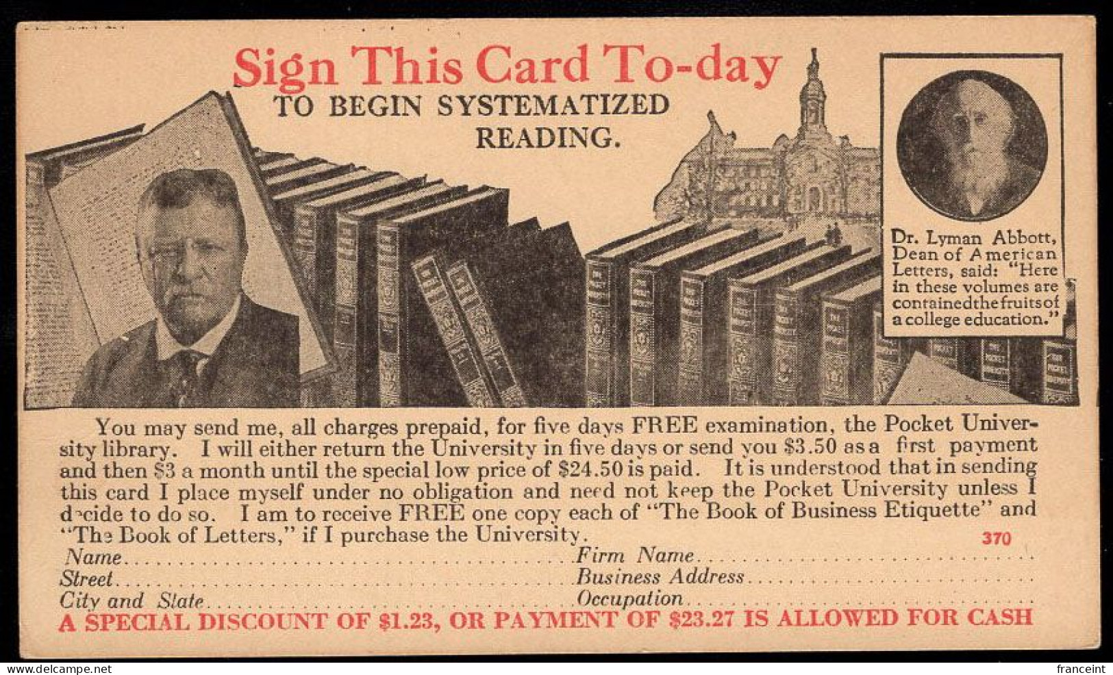 U.S.A.(1930) Teddy Roosevelt. Books. University. One Cent Postal Card With Advertising For Pocket University Library Ser - 1921-40