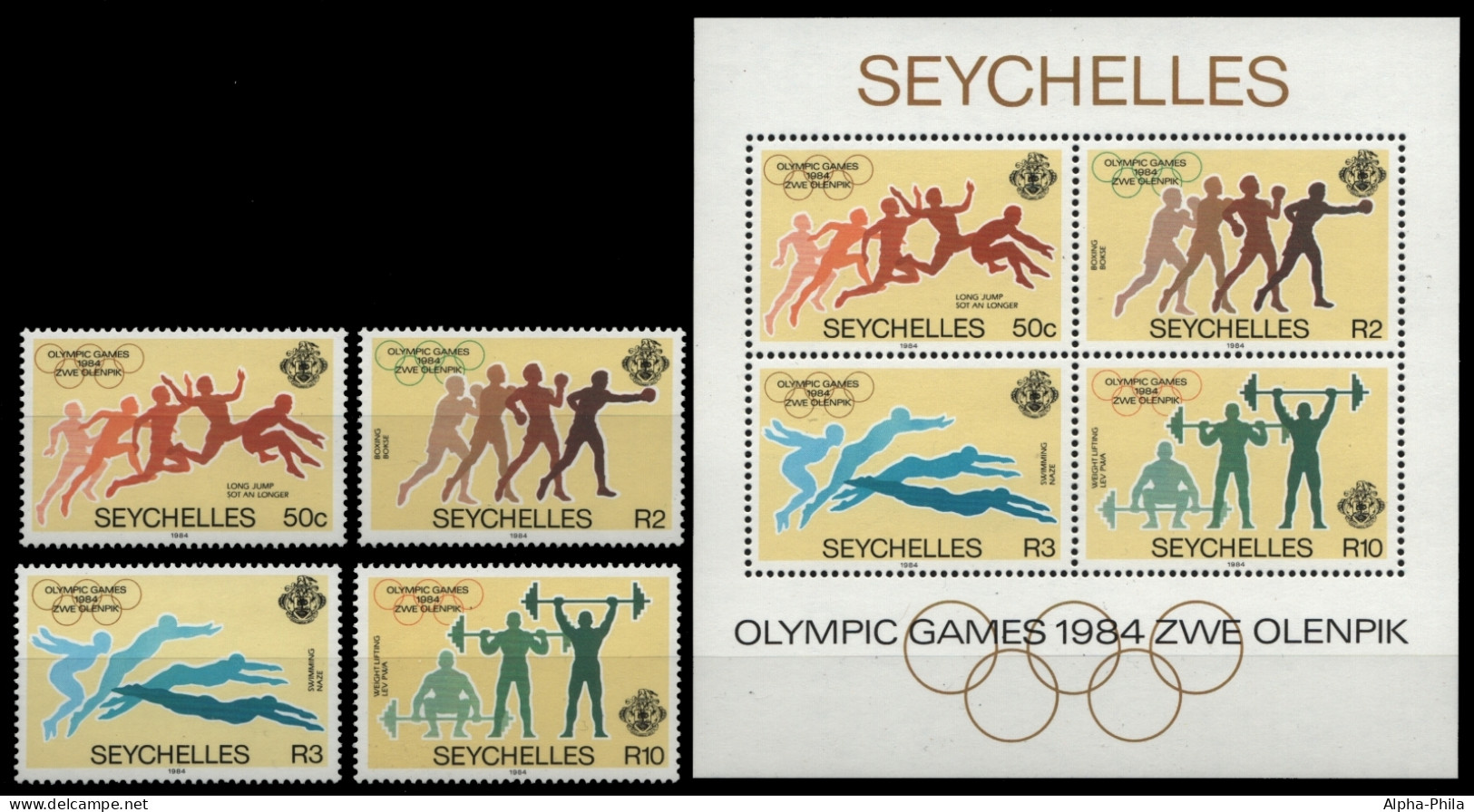 Seychellen 1984 - Mi-Nr. 563-566 & Block 24 ** - MNH - Olympia Los Angeles - Seychelles (1976-...)