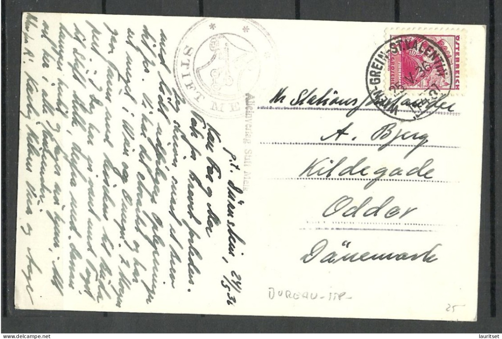 Austria Österreich MELK A. Donau, Used, O Wien-Grein-St. Valentin 1936, Sent To Denmark O Coat Of Arms Wappe Stift Melk - Melk