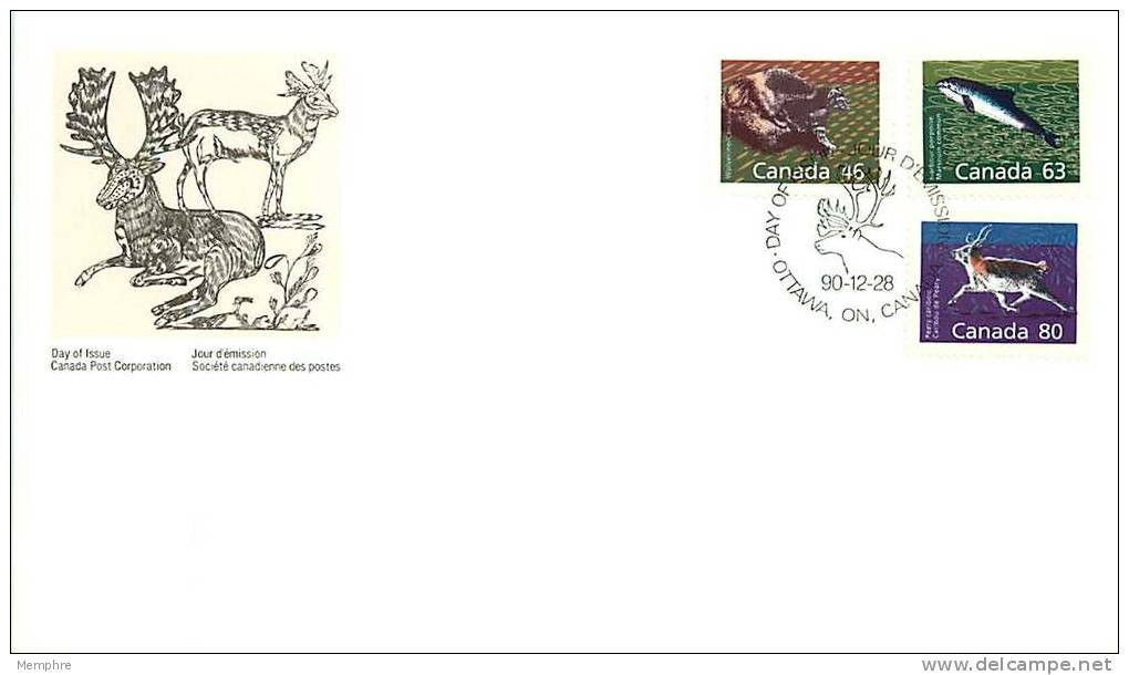 1990  Mid-value Definitives  Wolverine, Harbour Porpoise, Peary Caribou Sc 1172A, 1176, 1180 - 1981-1990