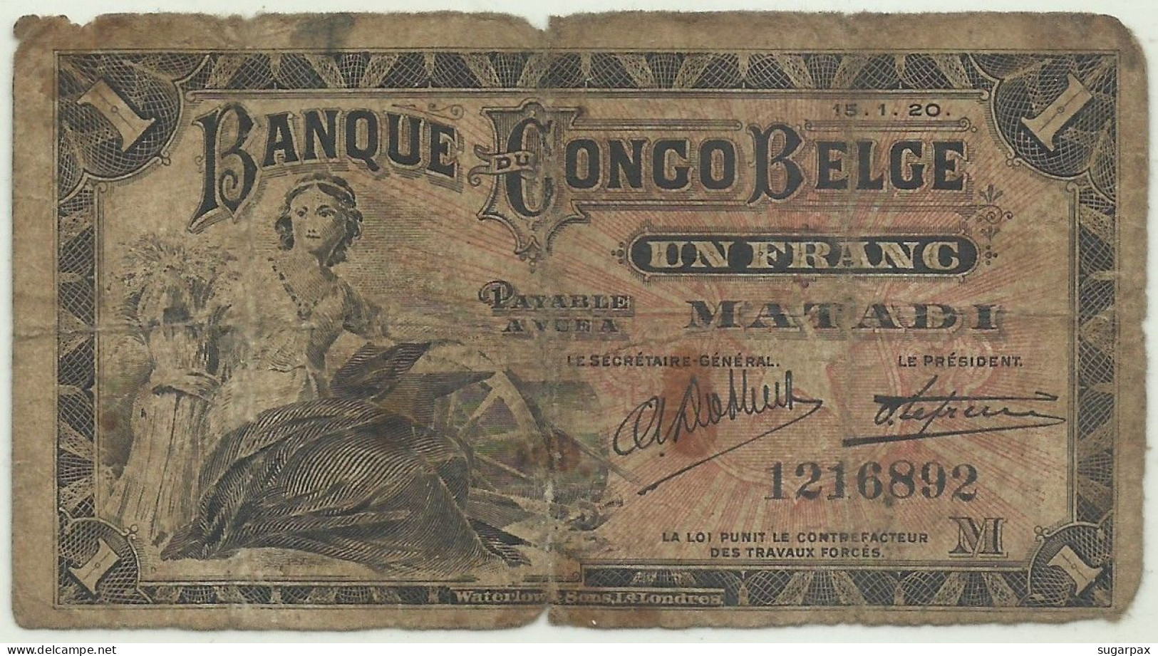 Belgium Congo - 1 Franc - 15.01.1920 - Pick: 3B - Banque Du Congo Belge - Banca Del Congo Belga