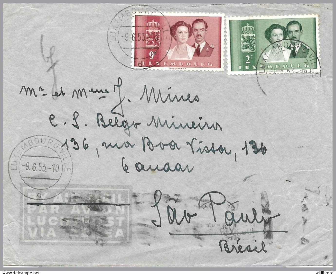 LUXEMBOURG -1953 AIRMAIL To BRAZIL - 2F & 9F Royal Marriage To Sao Paulo - Cartas & Documentos