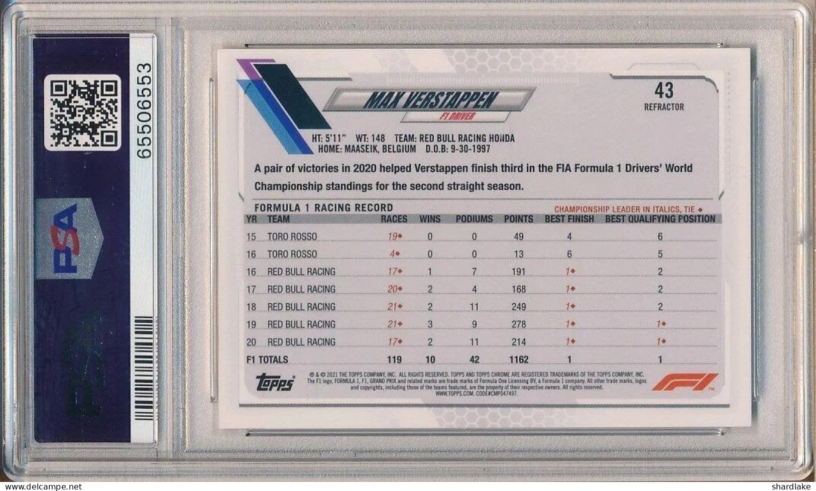 Topps PSA 10 - Max Verstappen - Chrome F1 Refractor - #43 - 2021 - Car Racing - F1