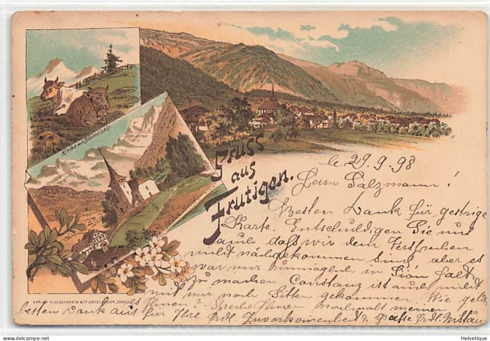 Gruss Aus Frutigen Litho 1898 Kirche Kuhe - Frutigen