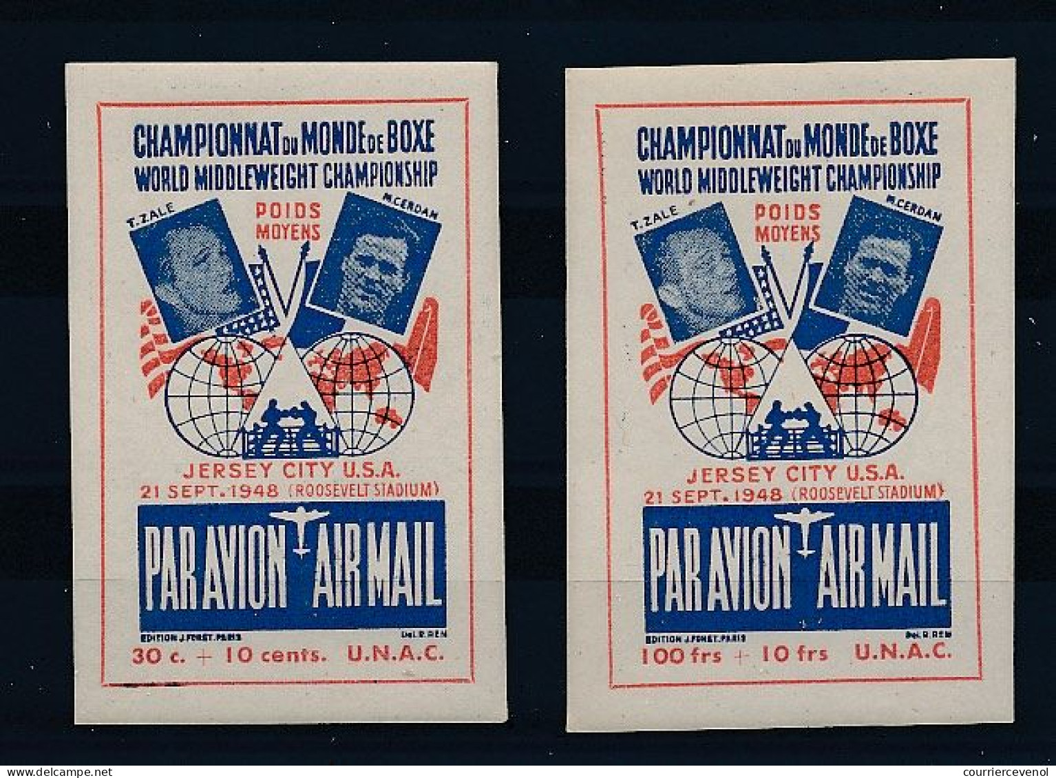 France-Etats Unis - 4 Vignettes Par Avion Championnat Du Monde Boxe 1948 - Airmail Label World Championship Jersey City - Vignetten (Erinnophilie)