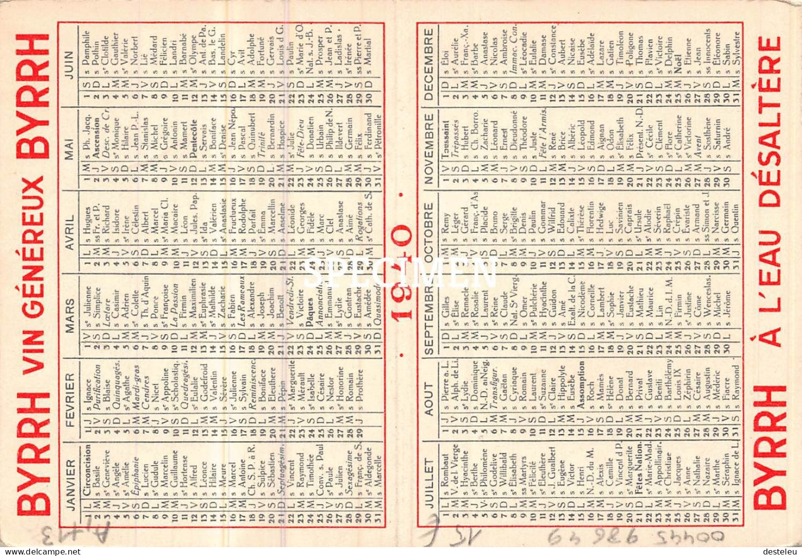 Calender Byrrh Vin De Liquer Au Quinquina 1940 - Petit Format : 1921-40