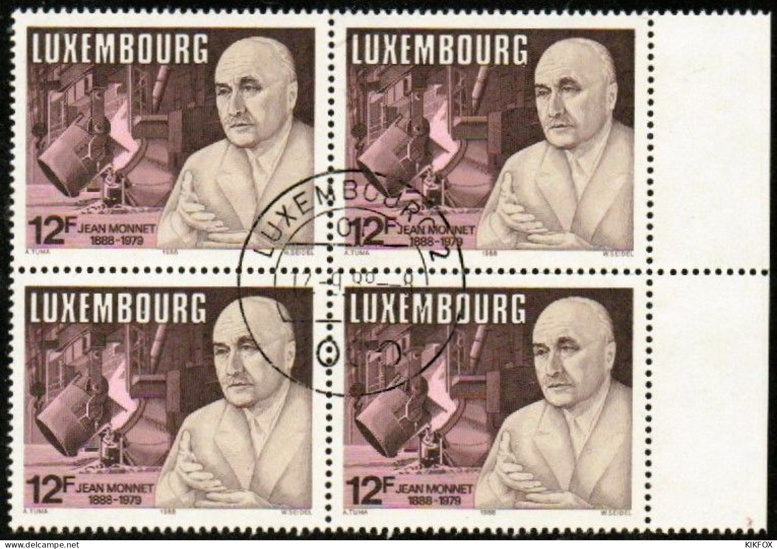 Luxembourg, Luxemburg,1988, MI 1207,YT 1157, VIERERBLOCK,100 GEBURTSTAG JEAN MONNET,  GESTEMPELT,OBLITERE - Used Stamps