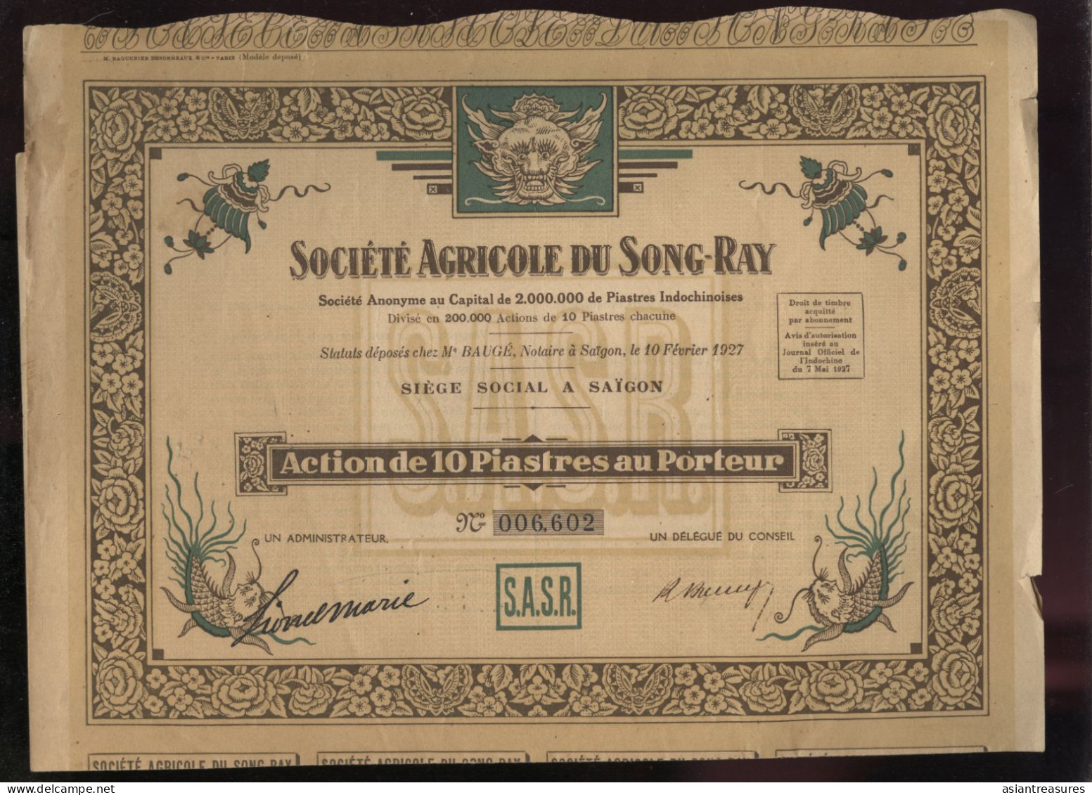 French Vietnam, Stock Certificate 1927 Unused Certificate Very Rare - Other - Asia