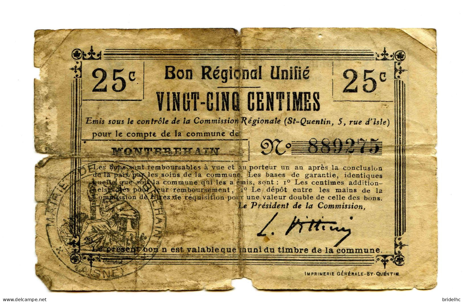 25 Centimes Bon Régional Unifié Montbrehain Aisne - Bons & Nécessité