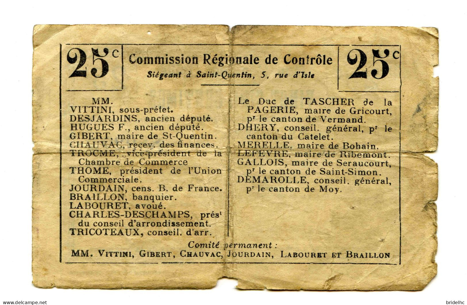 25 Centimes Bon Régional Unifié Montbrehain Aisne - Bons & Nécessité