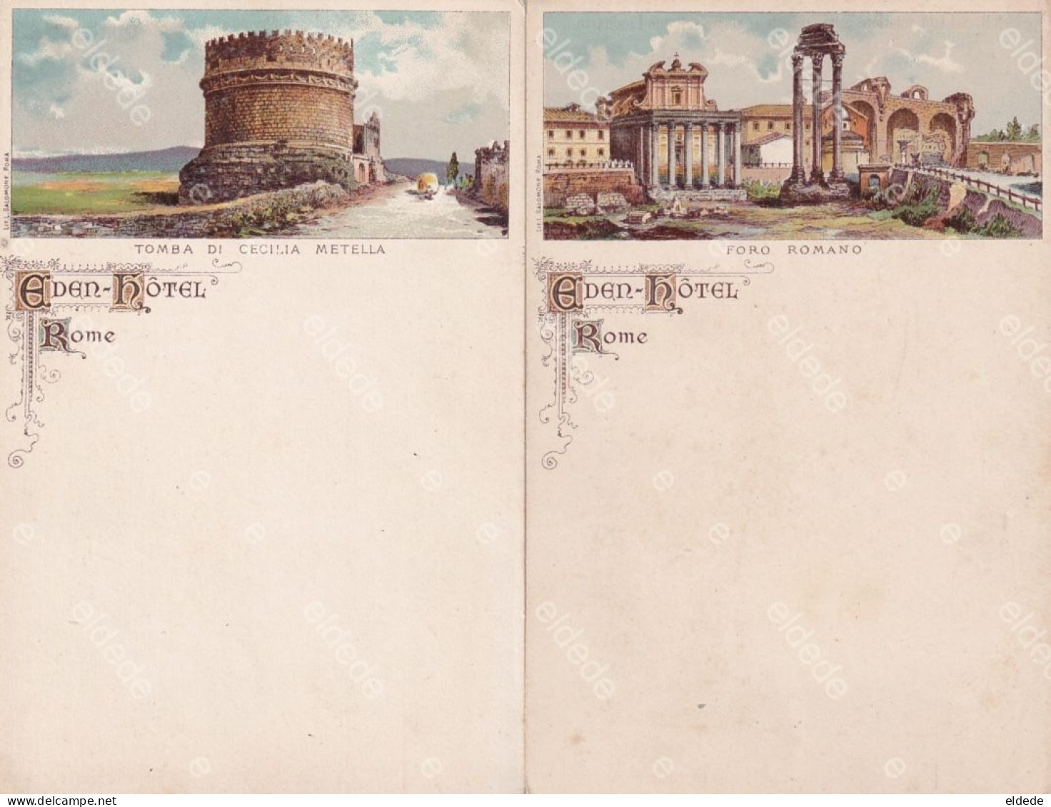 2 Pioneer Litho Cards Eden Hotel Roma Colored Lit L. Salomone - Bares, Hoteles Y Restaurantes