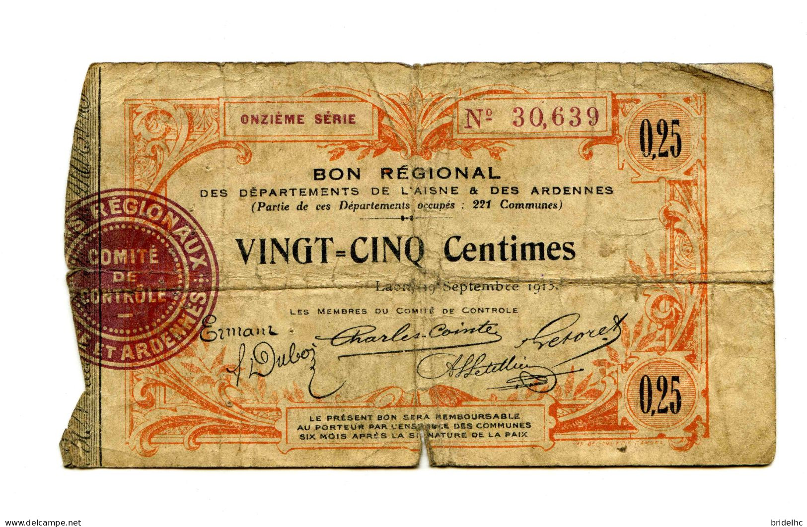 25 Centimes Bon Régional Aisne Ardennes - Notgeld