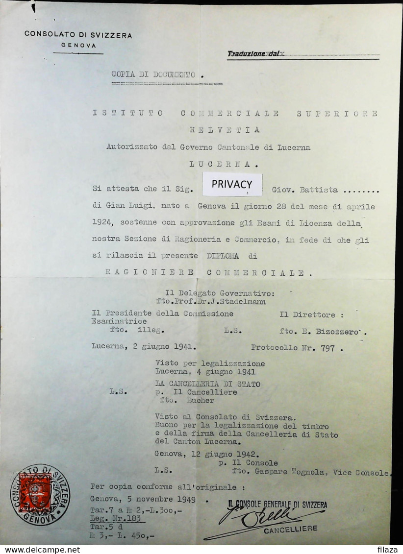 1949 REVENUE / MARCHE CONSOLARI SVIZZERA Su Documento Consolare - S6132 - Fiscale Zegels