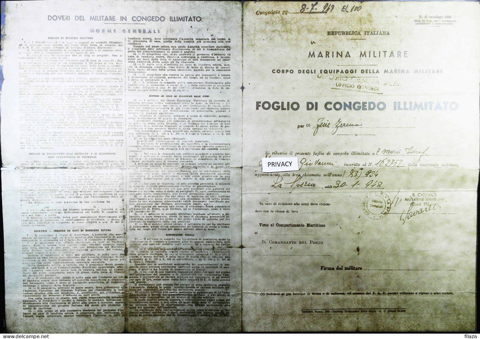 1957 REVENUE / MARCHE CONSOLARI ITALIA Su Documento Foglio Congedo - S6135 - Fiscali