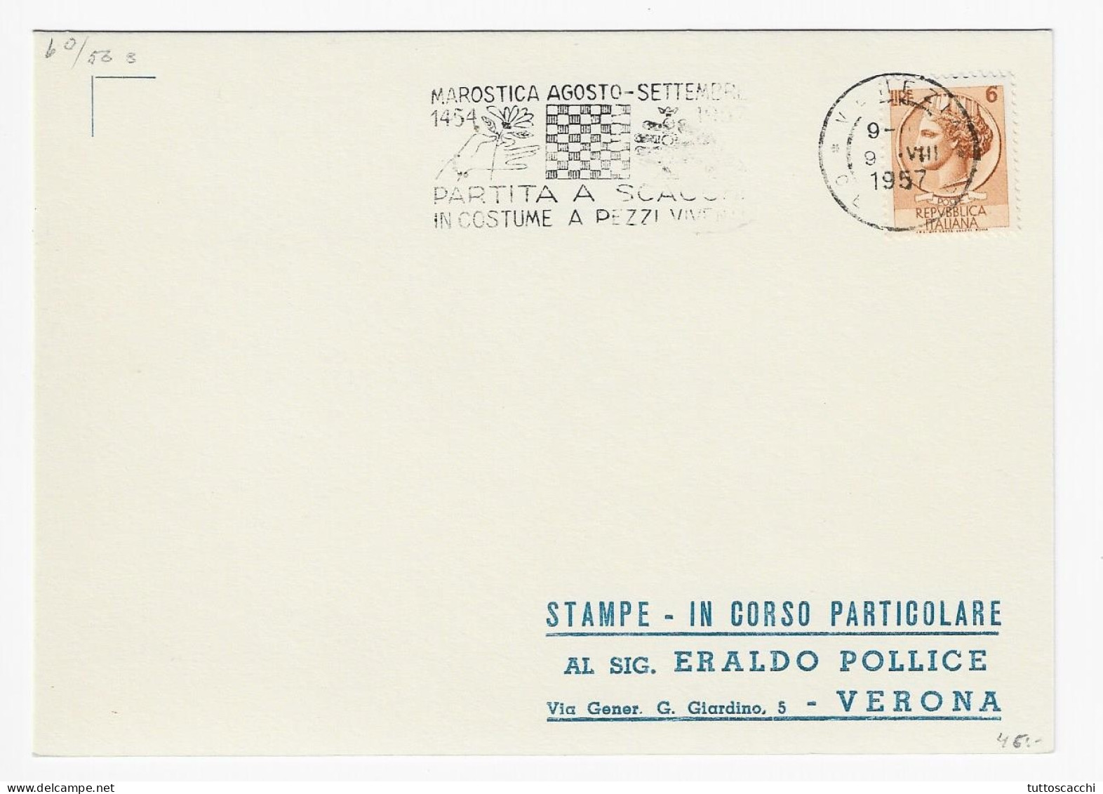 CHESS Italy 1957, Marostica-Venezia - Roller Chess Cancel On Card - Echecs