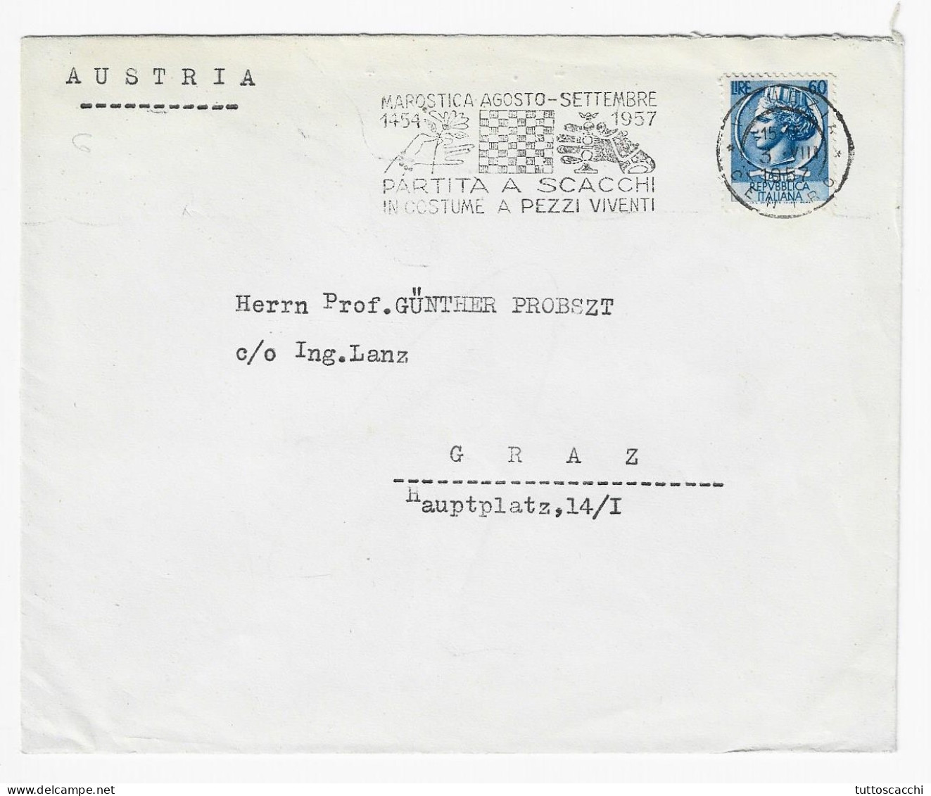 CHESS Italy 1957, Marostica-Venezia - Roller Chess Cancel On Envelope - Ajedrez