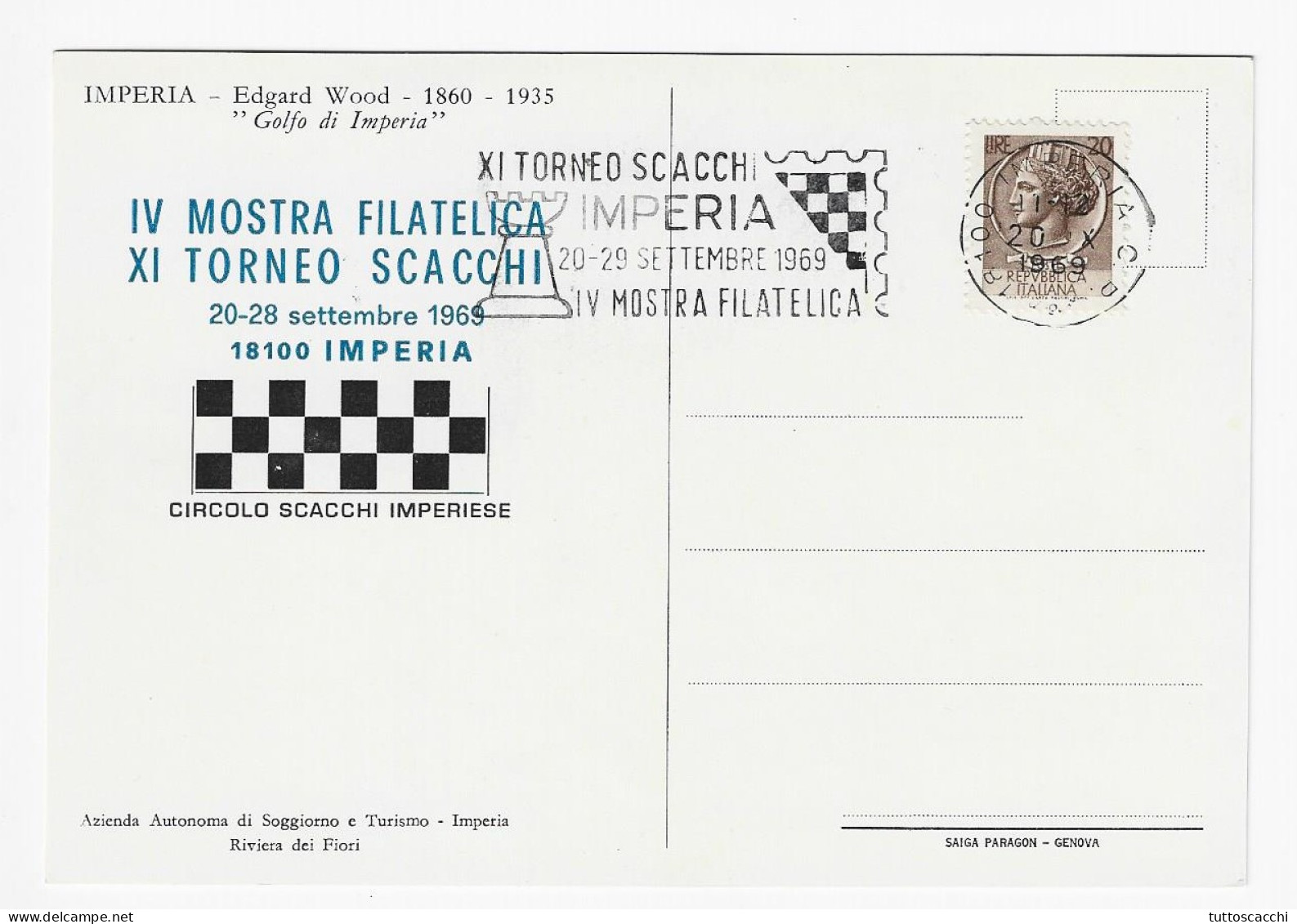 CHESS Italy 1969, Imperia - Meter Chess Cancel On Commemorative Postcard - Schaken