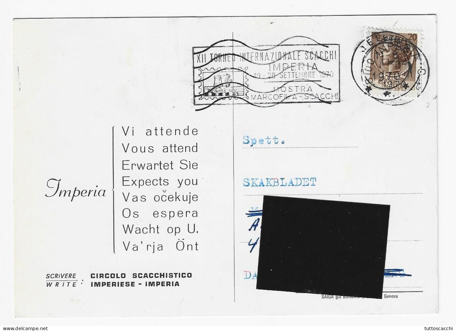 CHESS Italy 1970, Imperia - Meter Chess Cancel On Commemorative Postcard - Echecs