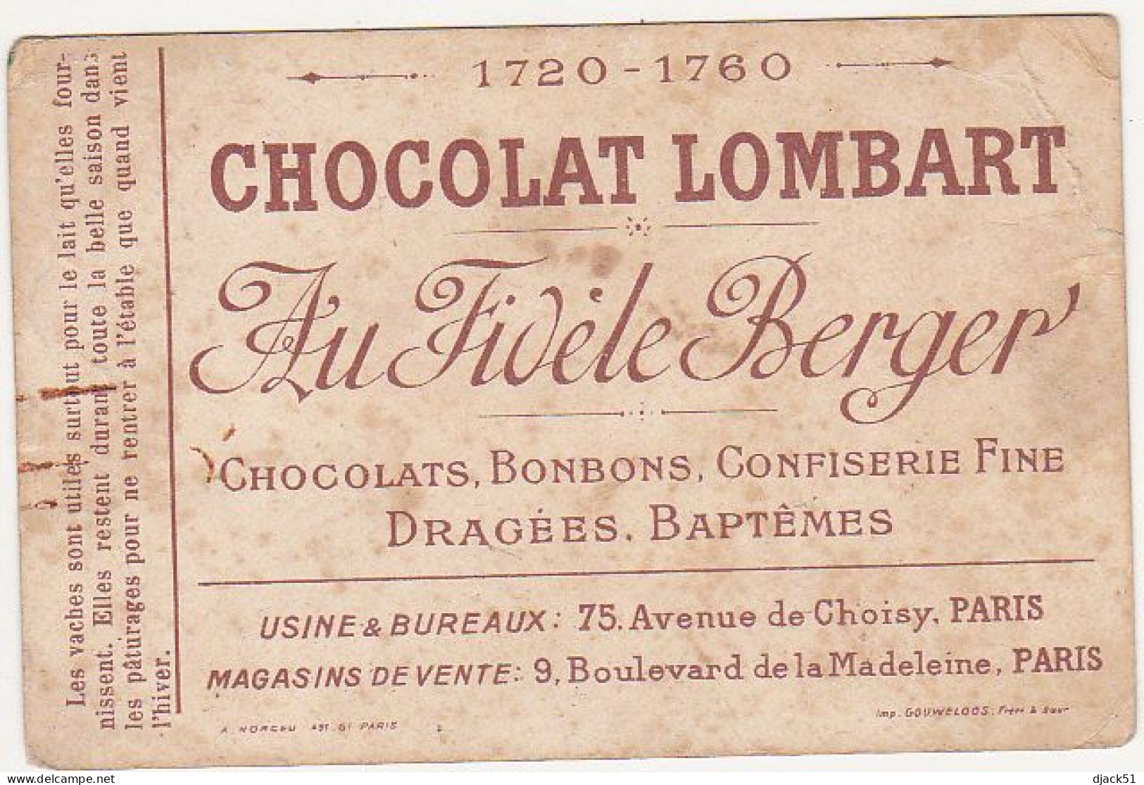 Chromo / Chocolat LOMBART / Au Fidèle Berger / Animaux Utiles / Vaches - Lombart