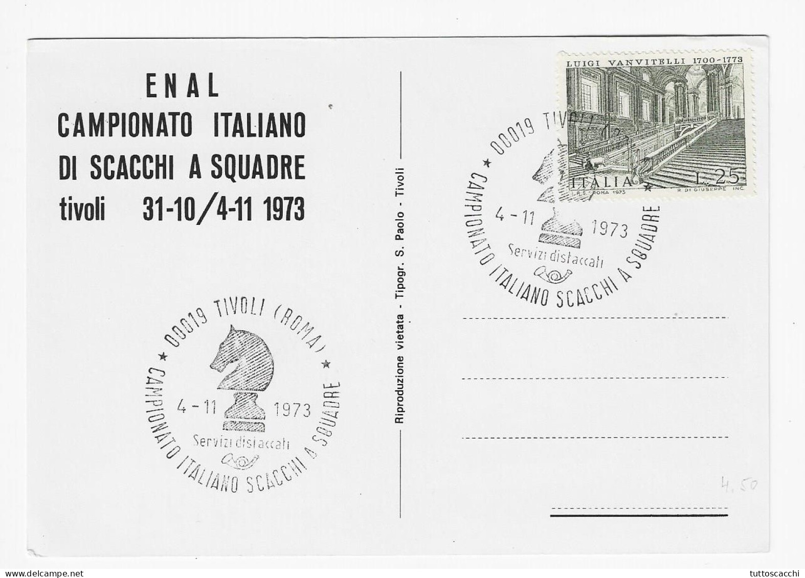 CHESS Italy 1973, Tivoli - Chess Cancel On Commemorative Card - Scacchi