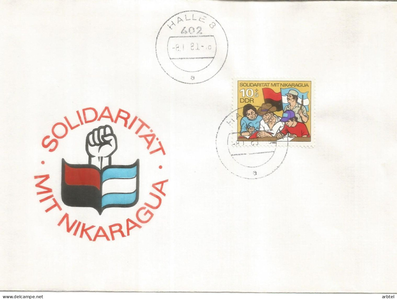 ALEMANIA DDR HALLE FDC SOLIDARIDAD CON NICARAGUA BANDERA FLAG - Enveloppes