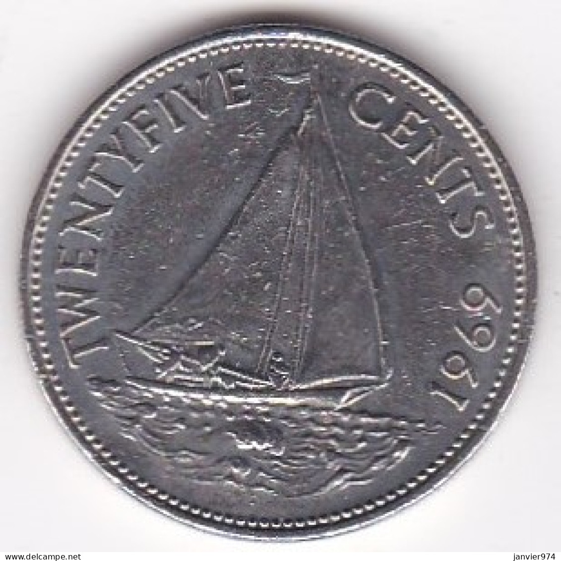 Bahamas . 25 Cents 1969, Elizabeth II, Bateau à Voiles ,  En Nickel, KM# 6 - Bahama's
