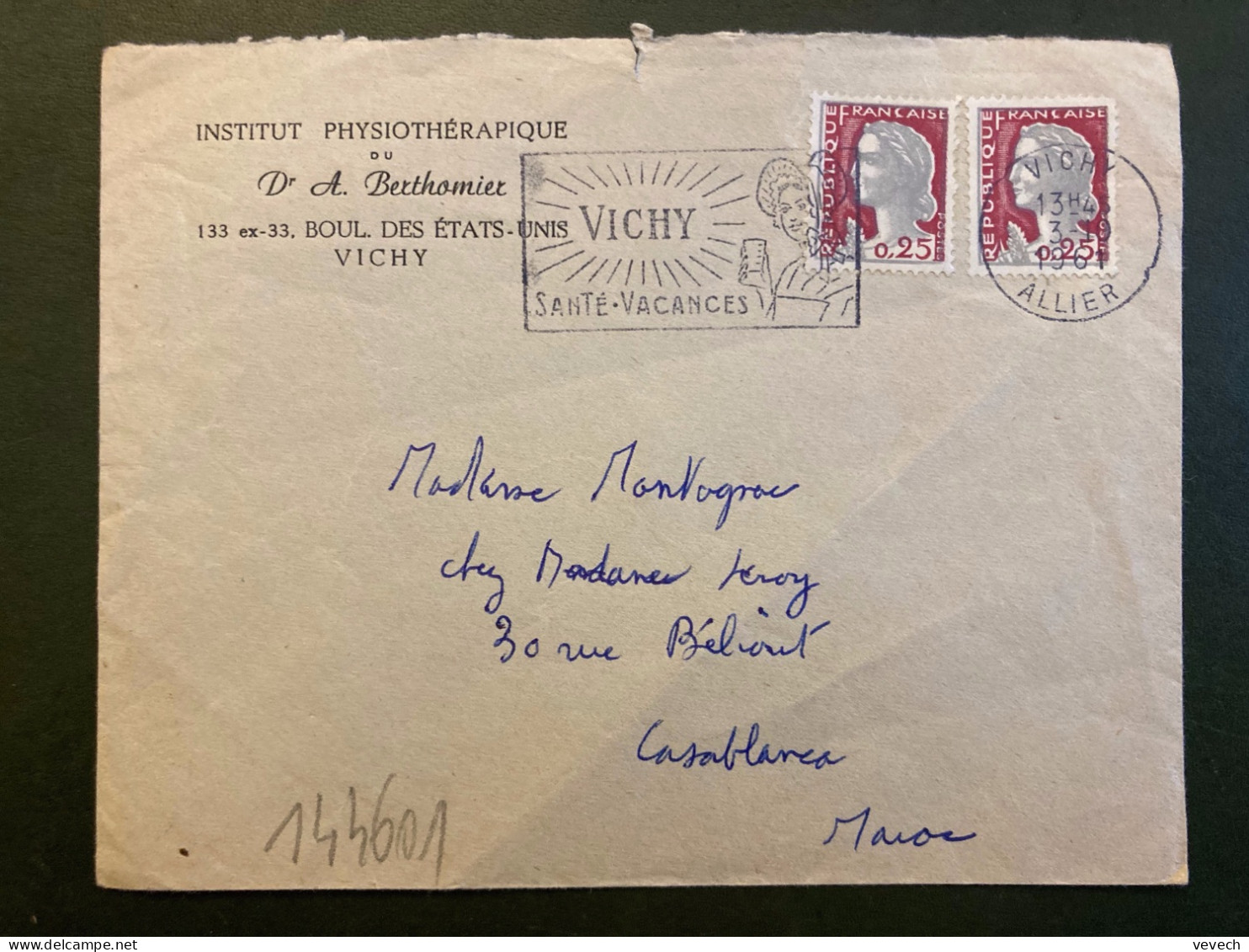 LETTRE INSTITUT PHYSIOTHERAPIQUE Dr A BERTHOMIER Pour Le MAROC TP M DE DECARIS 0,25 X2 OBL.MEC.3-10 1961 VICHY ALLIER (0 - 1960 Marianne De Decaris