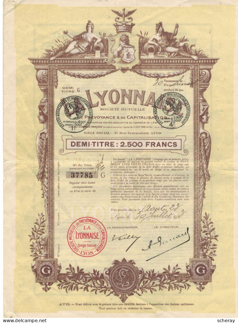 DEMI TITRE 2.500 FRANCS LA  LYONNAISE DE 1923 ( Lot 363 ) - Banque & Assurance