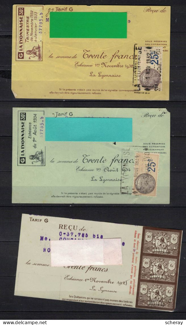 3 RECUS DIFFERENTS LA LYONNAISE 1934/1932/1925 ( Lot 365 ) - Banque & Assurance