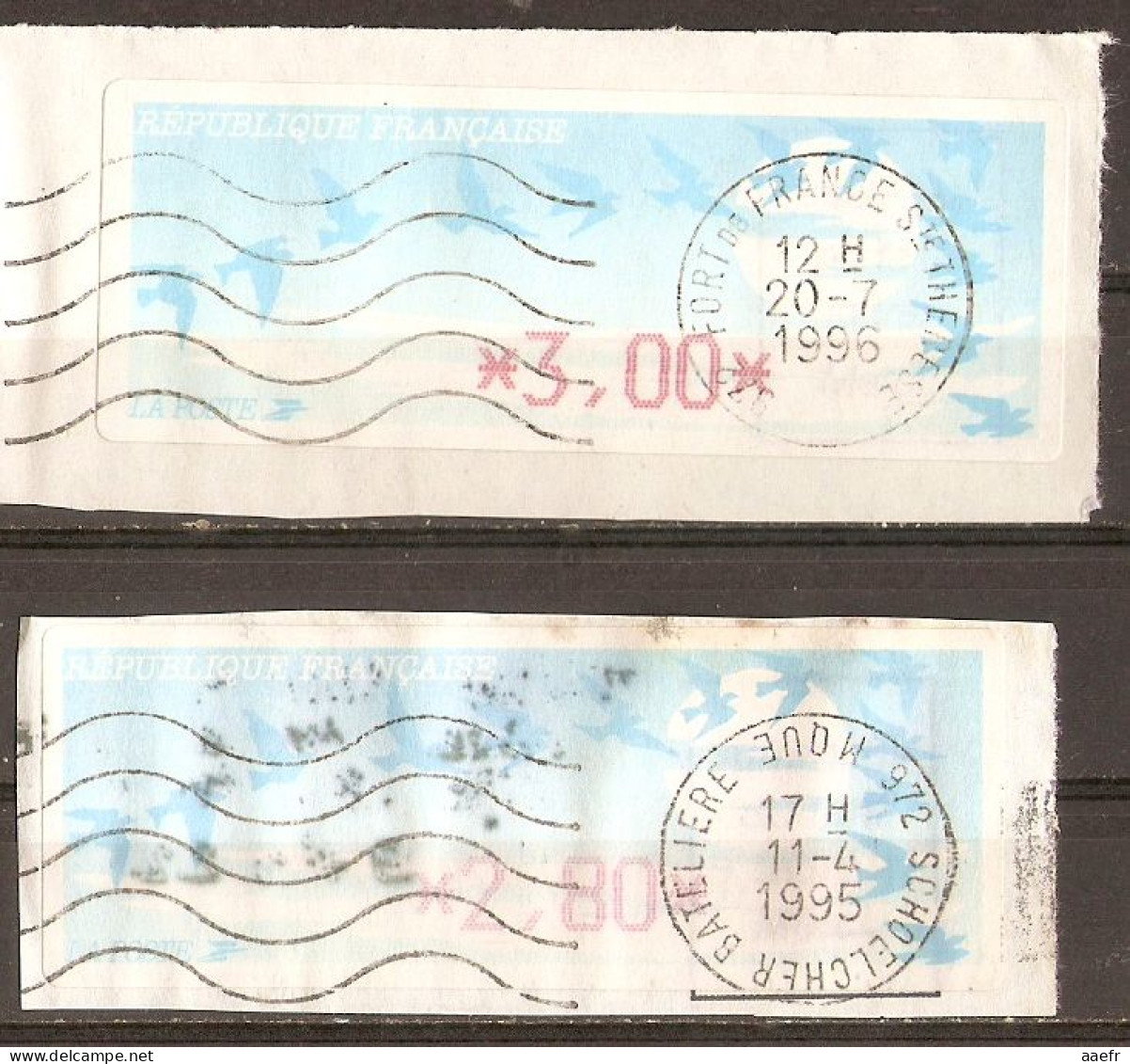 France - Martinique 1995/6 - Petit Lot De 2 Vignettes ATM Type Oiseaux De Joubert - Fort De France - Schoelcher Batelier - 1990 « Oiseaux De Jubert »