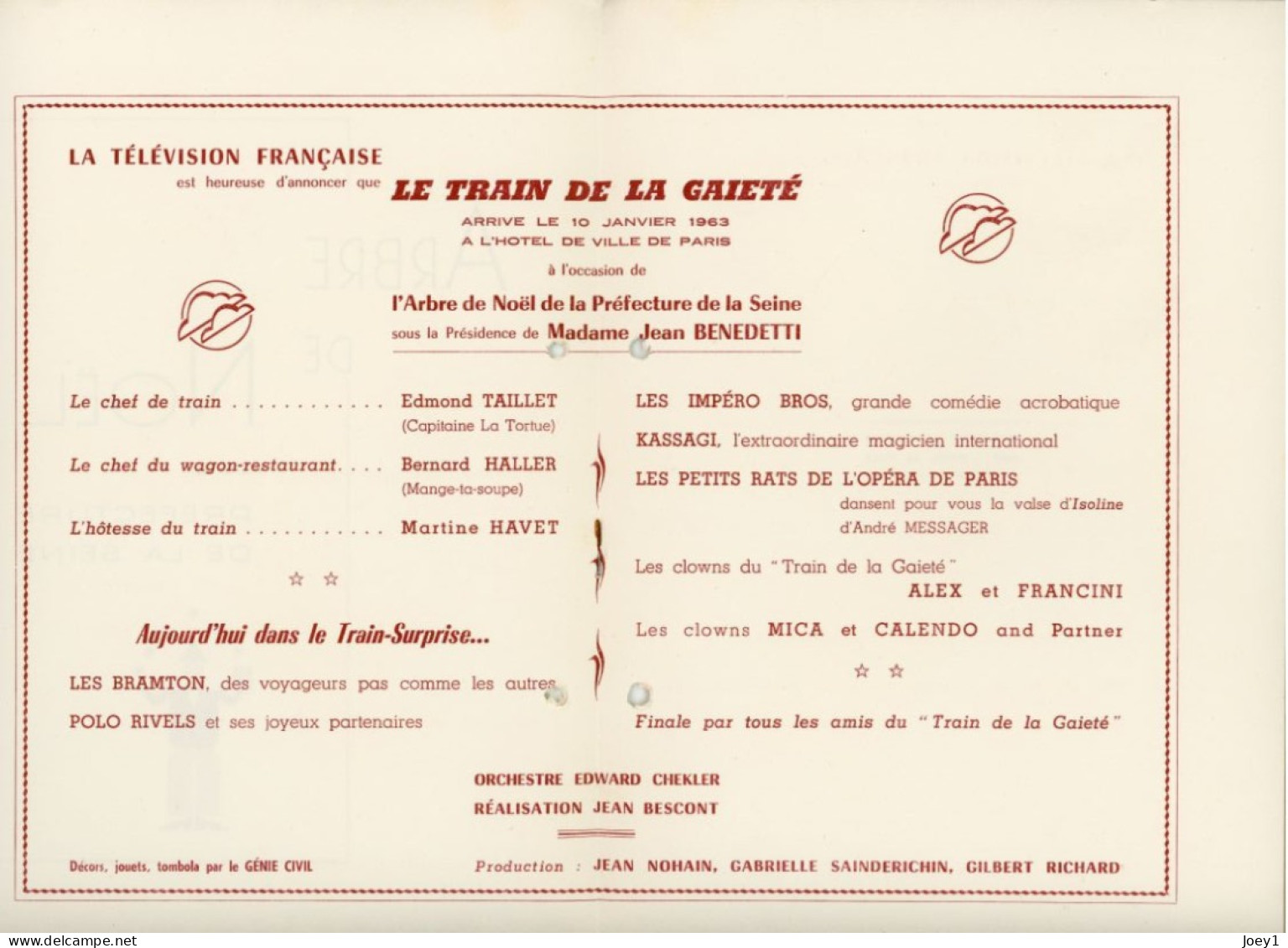 Programme Arbre De Noel Hotel De Ville De Paris 1963 10 JANVIER 1963 - Programmes