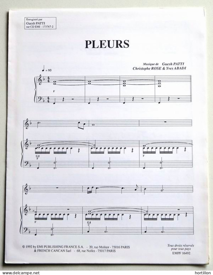 Partition Vintage Sheet Music GUESCH PATTI : Pleurs * Années 90 Guesh - Cancionero