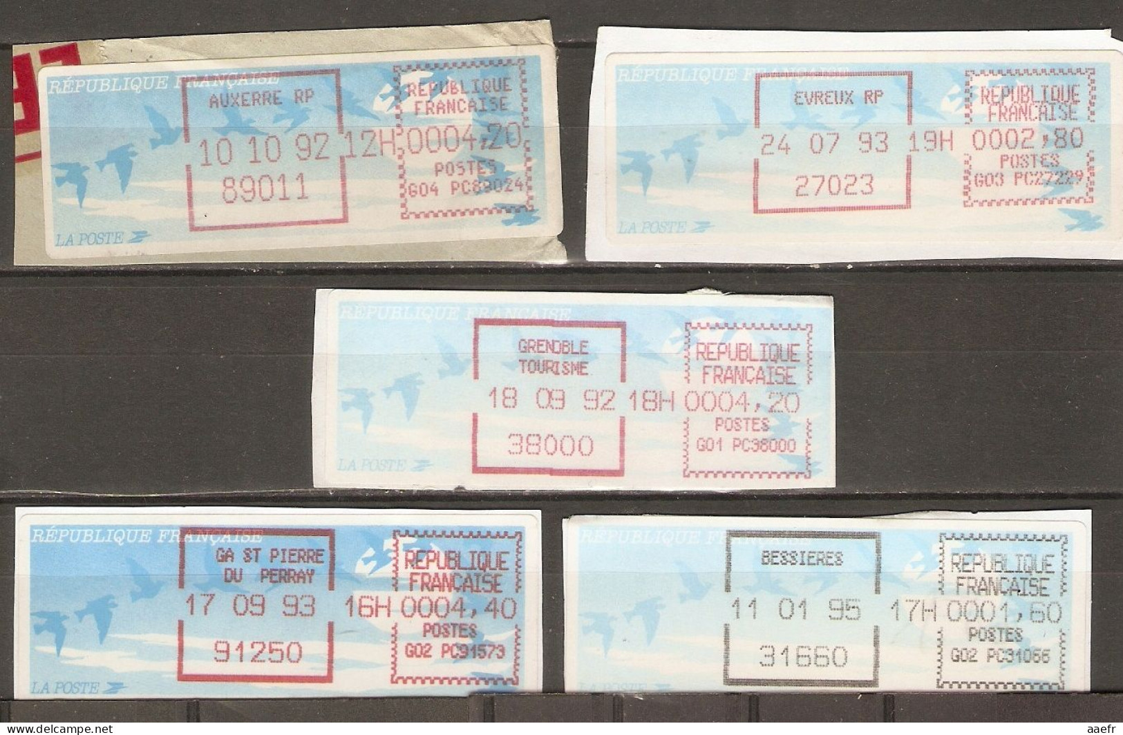 France - 1992/95 - Petit Lot De 5 Vignettes ATM Type Oiseaux De Joubert - Auxerre - Bessieres - Evreux - Grenoble... - 1990 « Oiseaux De Jubert »