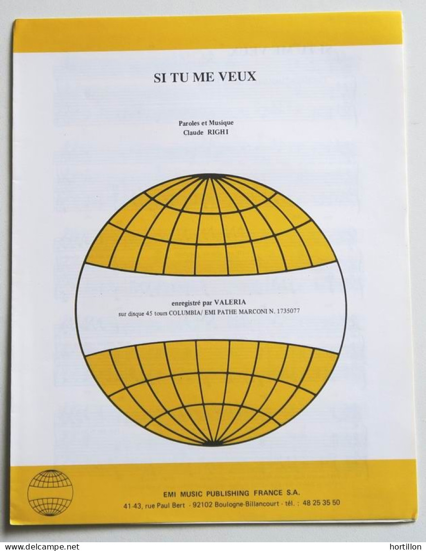 Partition Vintage Sheet Music VALERIA : Si Tu Me Veux * Années 80 Claude Righi - Song Books