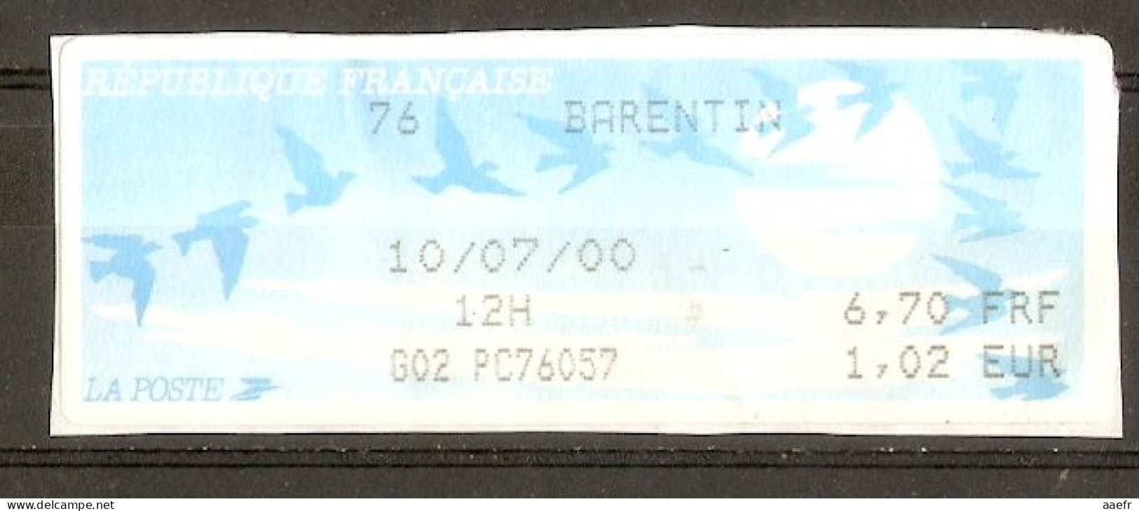 France - 2000 - Vignette ATM Type Oiseaux De Joubert - Barentin - Montant En FF Et € - 1990 Type « Oiseaux De Jubert »