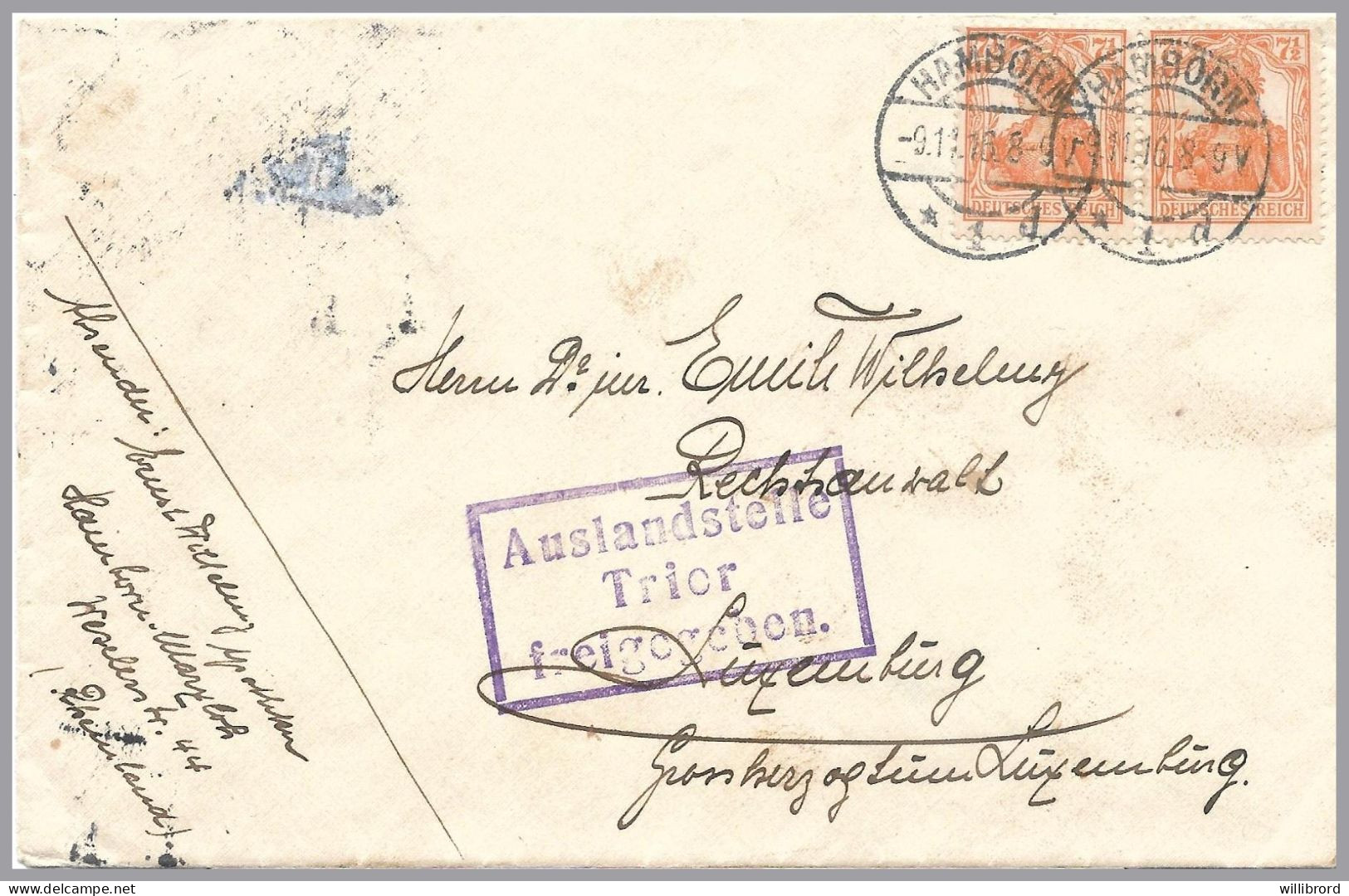 LUXEMBOURG - 1916 WW1 GERMANY Incoming Mail - Boxed Trier Censor - 7½c Germania Pair - 1914-24 Marie-Adélaida