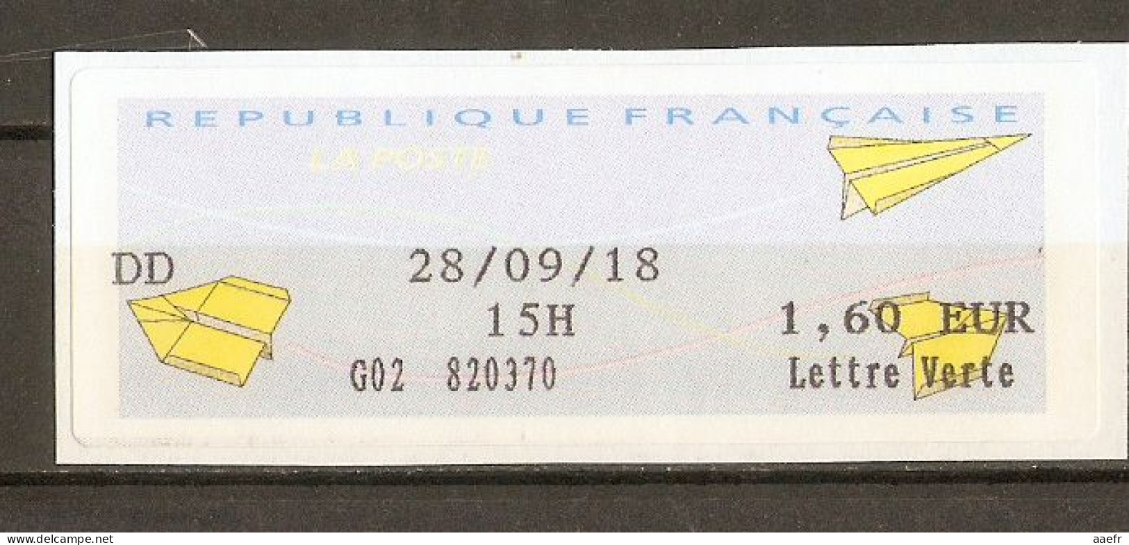 France - 2018 - Vignette ATM Type Avions En Papier - Neuve - Lettre Verte Suivie - DD - 2000 Type « Avions En Papier »