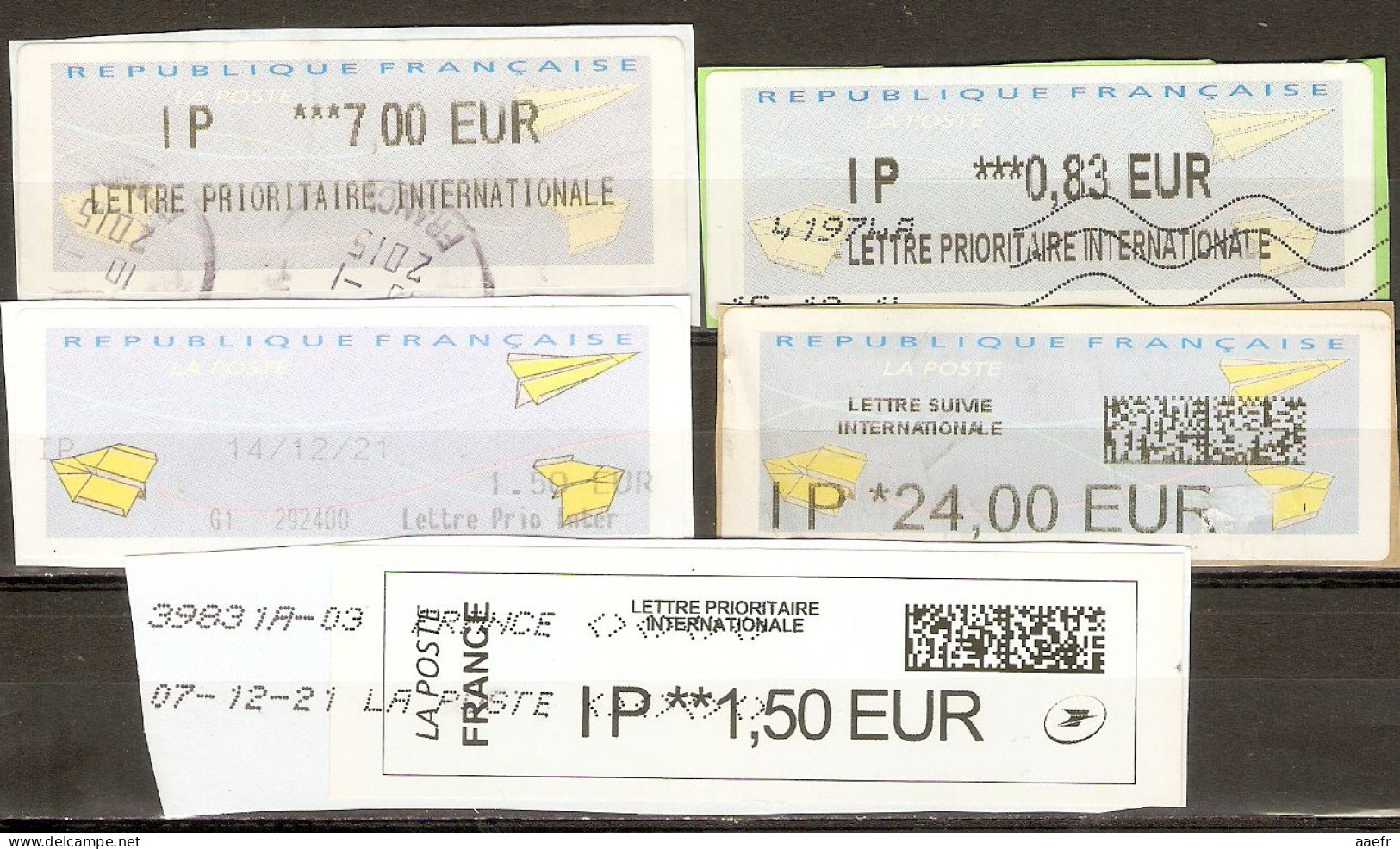 France - 2014/21 - Petit Lot De 5 Vignettes ATM Type Avions En Papier - 4 Lettres Prioritaire + 1 Lettre Suivie Internat - 2000 Type « Avions En Papier »