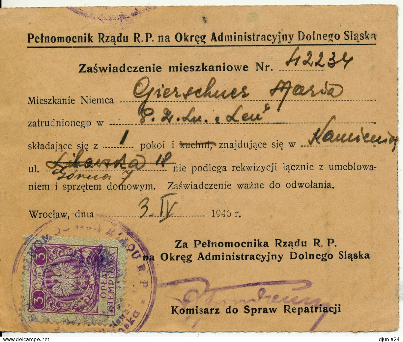 BF0081 / POLEN / POLSKA   -  WROCLAW  -  3. IV. 46   ,  Regierung Von Oberschlesien - OPLATA STEMPLOWA - Briefe U. Dokumente